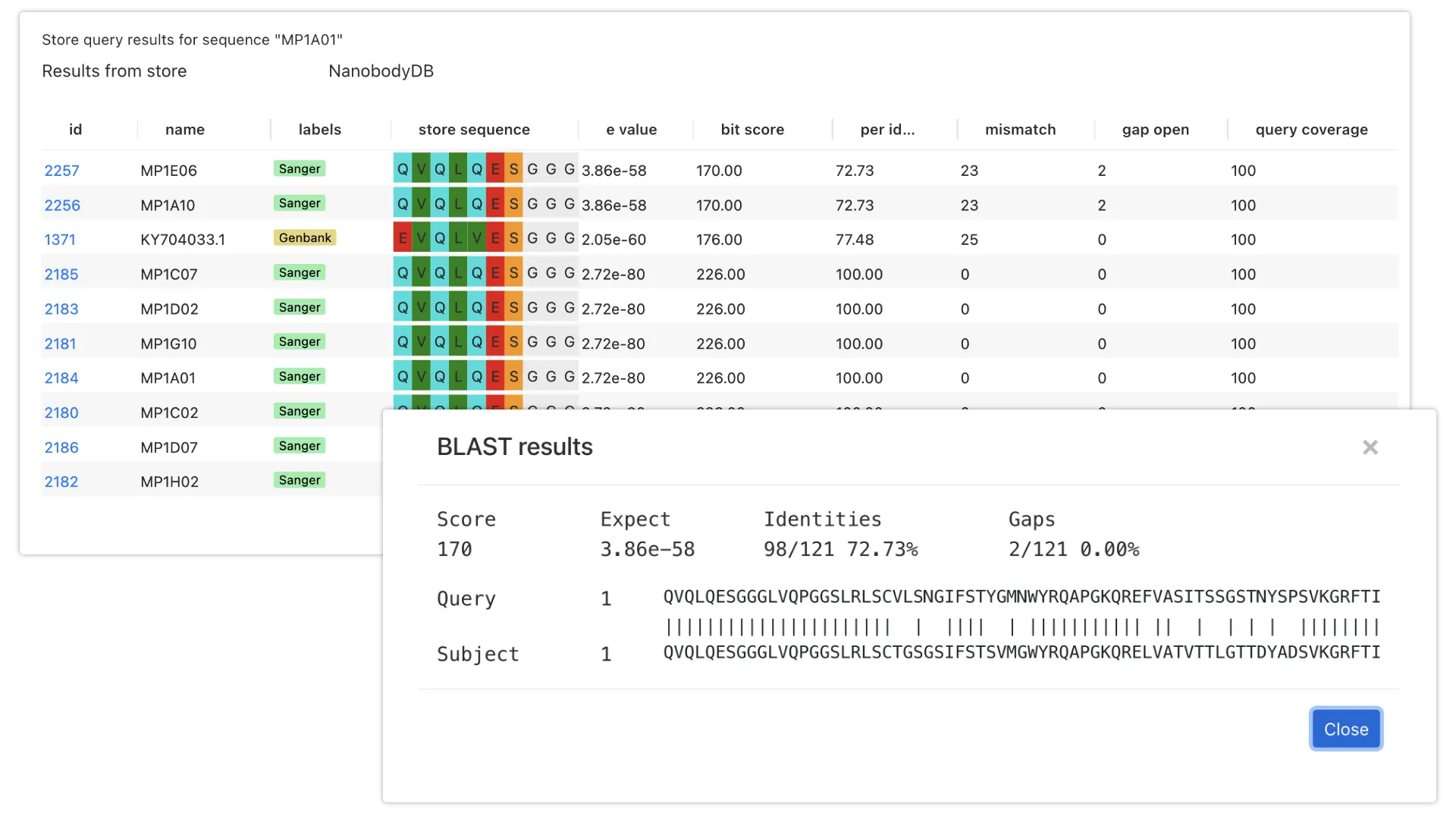 Sequence database and storage